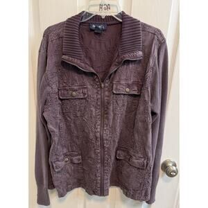 Denim Co 1X Jacket Red Wine Distressed Knit Sleeves Embroidered Collar Pockets